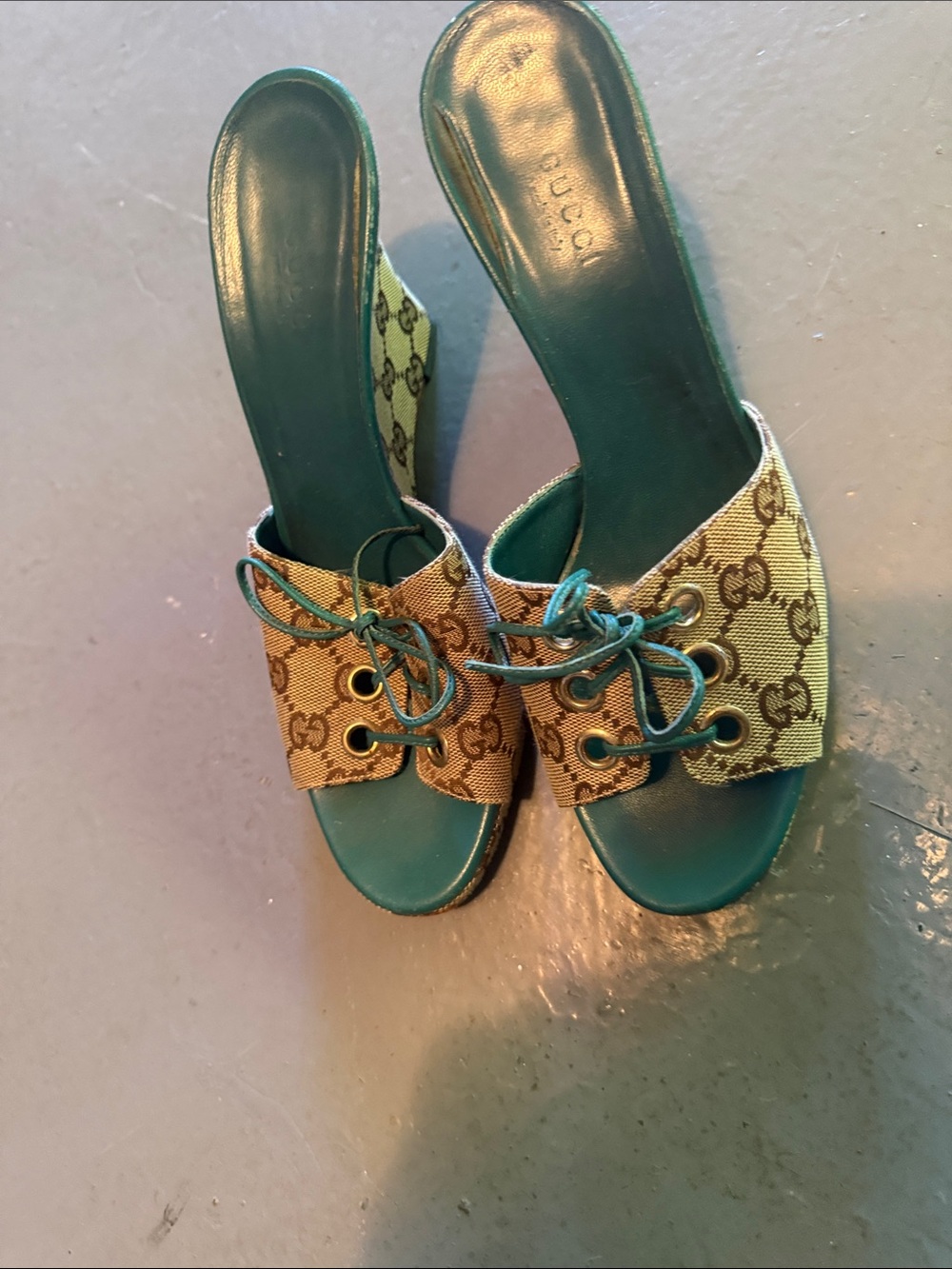 Authentic Gucci size 7  leather, logo,  wedge mules, great condition